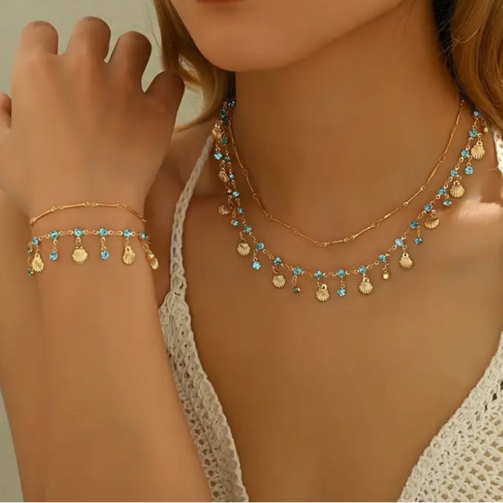 Blue Crystal & Shell Gold Toned Necklace & Bracelet Set - Picture 3 of 5